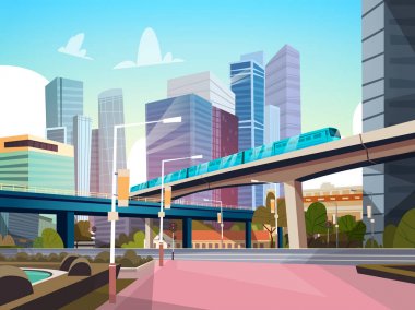 Yüksek gökdelenler ve metro Cityscape arka plan ile modern şehir panoraması