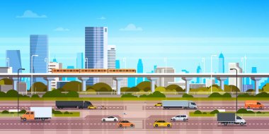 Cityscape arka plan Modern şehir Panorama Otoban yol ve gökdelenler üzerinde metro ile