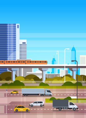 Kentsel arka plan Modern Cityscape Otoban yol ve gökdelenler görünümü üzerinde metro ile