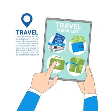 Bagaj kontrol listesi ile dijital Tablet Holding şablon arka plan eller seyahat