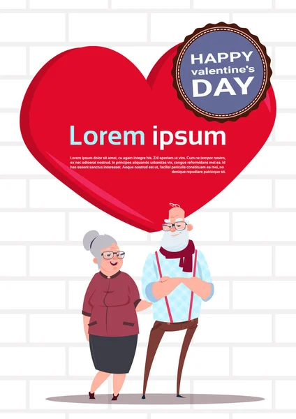 Senior paar Over rood hart vorm met kopie ruimte Happy Valentines Day Banner — Stockvector