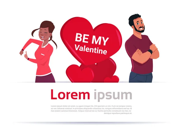 Muž a žena nad tvar srdce s Copy prostoru pár šťastný Valentines Day šablona nápisu — Stockový vektor