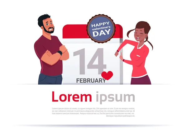 Muž a žena za kalendářní den s 14 února den Happy Valentines dovolená šablona nápisu — Stockový vektor