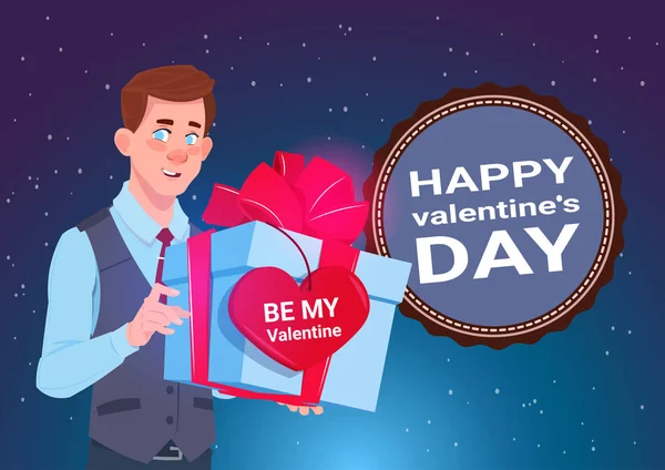 Día de San Valentín Concepto Banner Cute Man Holding Caja de regalo con etiqueta de forma de corazón 14 Febrero Vacaciones — Archivo Imágenes Vectoriales