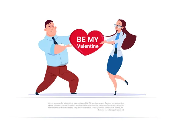 Hombre y mujer sosteniendo la forma del corazón con Be My Valentine Greeting Love Day Holiday Concept — Archivo Imágenes Vectoriales