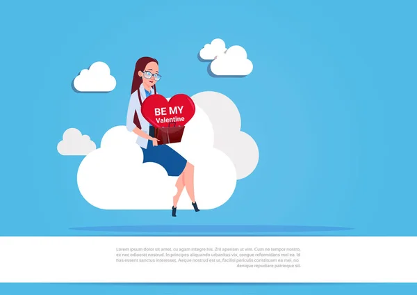 Dívka hospodářství srdce Sit na bílý oblak nad modrým pozadím být můj Valentine láska den dovolená Concept — Stockový vektor