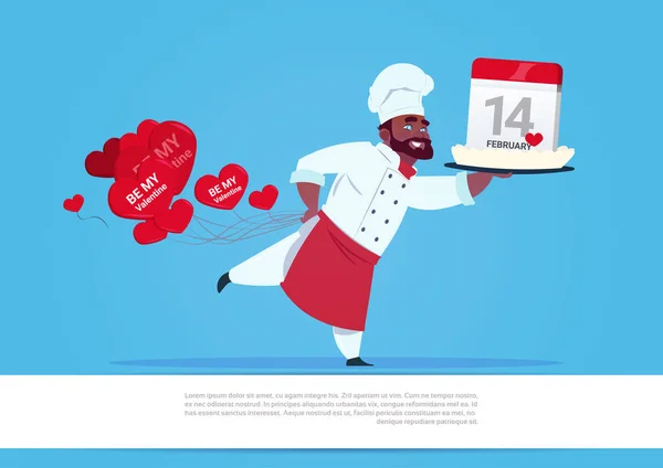 Cocinero afroamericano celebrando pastel con calendario para la celebración del día de San Valentín 14 Febrero Concepto de vacaciones — Vector de stock