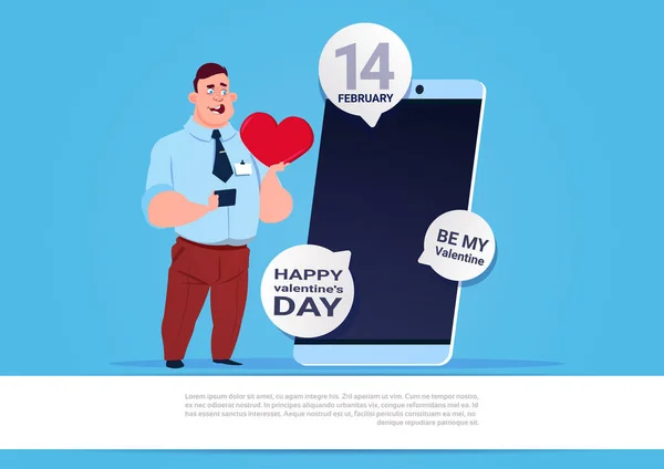 Hombre Utilice Teléfono Inteligente Enviando Feliz Día de San Valentín Felicitaciones Sobre Fondo Azul — Vector de stock