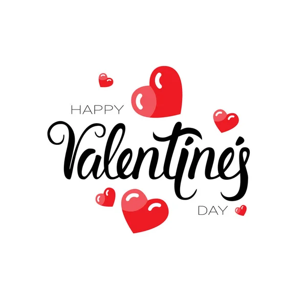 Feliz día de San Valentín tipografía cartel con texto dibujado a mano y formas de corazón aislado sobre fondo blanco — Vector de stock