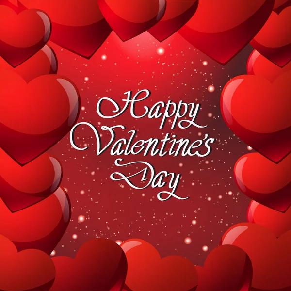 Tarjeta de felicitación del día de San Valentín feliz o cartel con caligrafía letras y brillo en forma de corazón sobre fondo rojo — Vector de stock