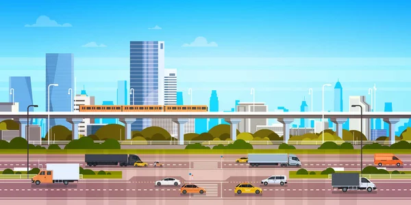 Cityscape achtergrond moderne stad Panorama met snelweg weg en metro Over wolkenkrabbers — Stockvector