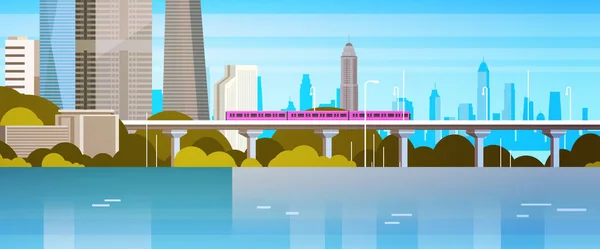 Moderno treno metropolitano panoramico urbano sul fiume o sui grattacieli di Lake City sfondo — Vettoriale Stock