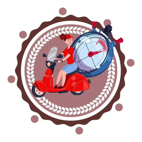 Service de livraison rapide Logo Femme Courrier équitation Scooter rétro Icône isolé — Image vectorielle