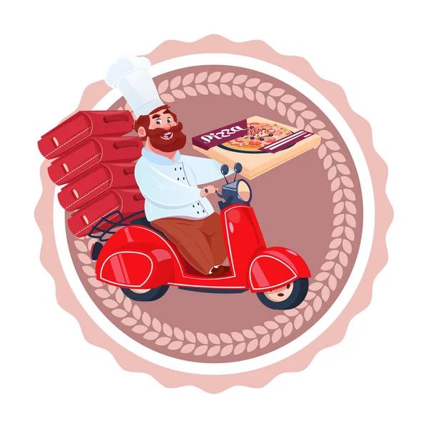 レトロ スクーター レストラン食品配信アイコンに乗って男料理配信ピザ分離テンプレート ・ ロゴ — ストックベクタ