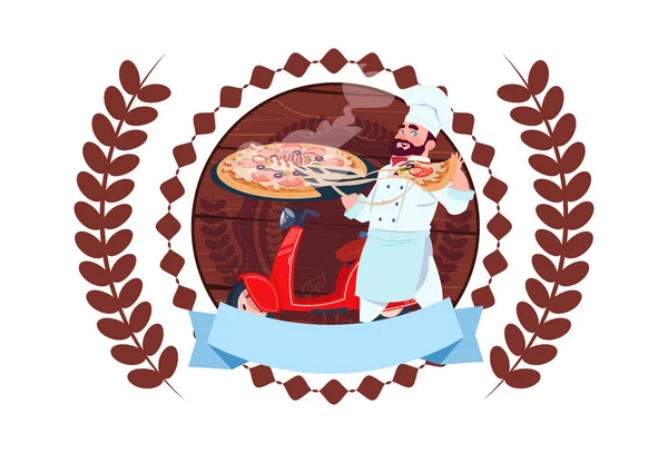 Emblema rápido do serviço de entrega da pizza com cozinheiro do chef e scooter retro — Vetor de Stock