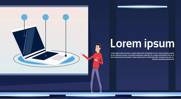 Азиатский человек представляет новый баннер ноутбука с элементами шаблона — стоковый вектор