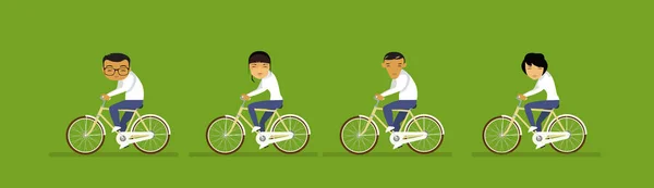 Groep van Aziatische zakenmensen rijden fiets ondernemers gebruik Eco vervoer horizontale Banner — Stockvector