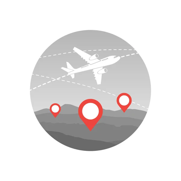 Viajes Mundiales en Avión Icono Avión Volar Sobre Mapa Con Punteros — Vector de stock