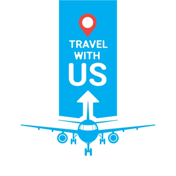Voyagez avec nous Modèle Agence de voyage Affiche ou logo Avions Silhouette sur fond bleu Concept de tourisme — Image vectorielle