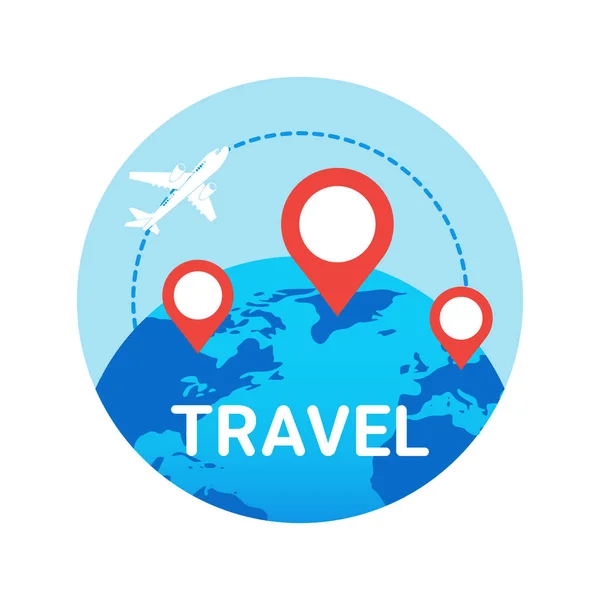 Travel Icon Isolated Plane Fly Over World Globe With Map Pointers — Stock Vector