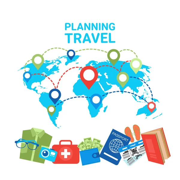 Travel Concept Pointers op wereld kaartpictogrammen Bagage Items plannen — Stockvector