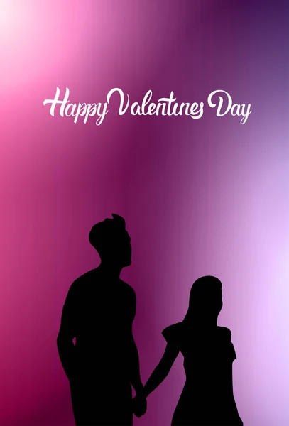 Glückliche Valentinstag Grußkarte mit schwarzem Paar Silhouette hält Hände auf rosa Hintergrund — Stockvektor