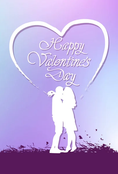 Hermosa tarjeta de felicitación del día de San Valentín con letras creativas y besos de silueta de pareja — Vector de stock