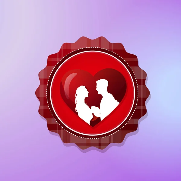 Λογότυπο βαλεντίνων ημέρα με ζευγάρι σιλουέτα πάνω κόκκινη καρδιά φόντο δημιουργική ετικέτα Design — Διανυσματικό Αρχείο