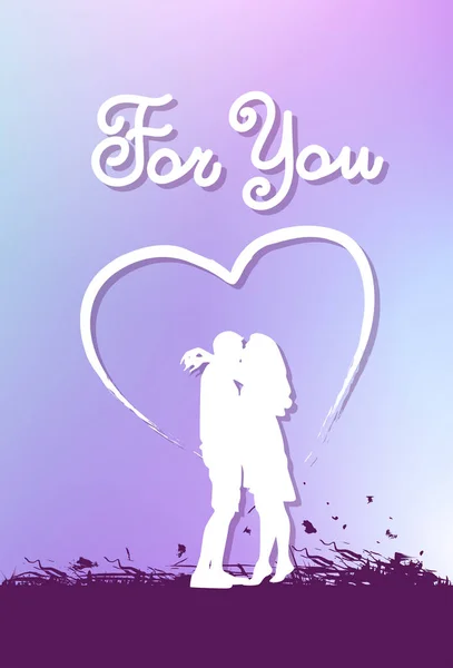 Glücklich Valentinstag Grußkarte kreativen Schriftzug und weiße Paar Silhouette küssen über violetten Hintergrund — Stockvektor