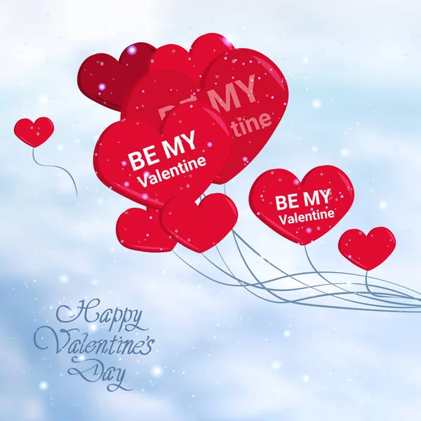 Feliz día de San Valentín fondo cartel de vacaciones con texto dibujado a mano y corazón forma globos en el cielo — Vector de stock
