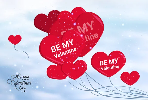Cartel del día de San Valentín con letras dibujadas a mano y globos en forma de corazón en el cielo — Vector de stock