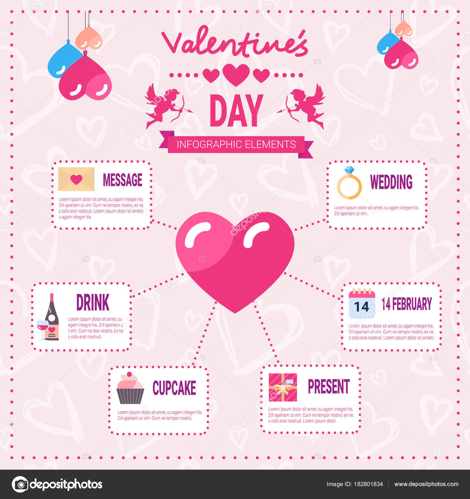 Valentines Day Infographic Set Of Template Elements Icons Over Pink