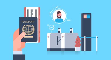 Pasaport ve bilet uçak için Check-In inceden inceye gözden geçirmek Airport Man At üzerinde kayıt sırasında hareket kavramı için iş el tutarak