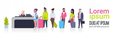 Grup Mix yarış yolcu sayacı Check-In kopya alanı, gidiş kurulu kavramı ile Havaalanı şablon Banner için sırada ayakta