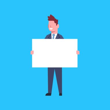 İş adamı tutun beyaz boş afiş Office işçisi karakter işadamı