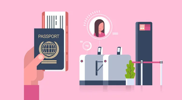 Επαγγελματίες χέρι που κρατά το διαβατήριο και τα εισιτήρια σε αεροπλάνο κατά τη διάρκεια ελέγχου σαρωτή στο αεροδρόμιο γυναίκα σχετικά με την καταχώριση για την έννοια της αναχώρησης — Διανυσματικό Αρχείο