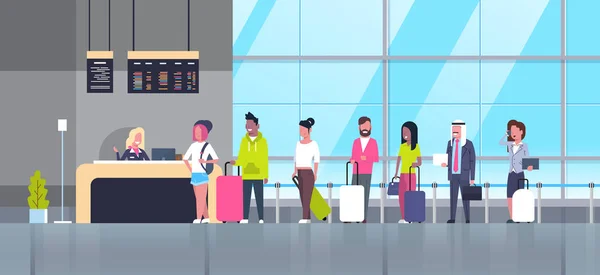 Check-in Flughafen Gruppe von Mix Race Passagieren, die in der Schlange vor dem Schalter stehen, Konzept für das Abflugbrett — Stockvektor