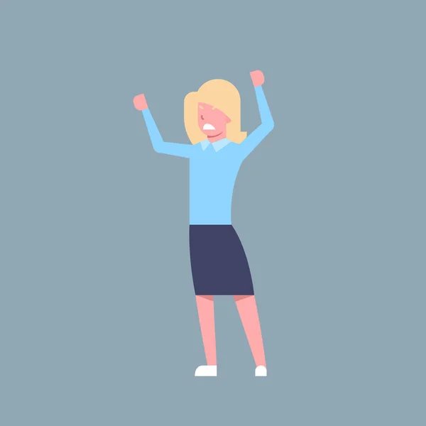 Femme d'affaires joyeuse tenir les mains levées travailleur de bureau caractère femme d'affaires isolée — Image vectorielle