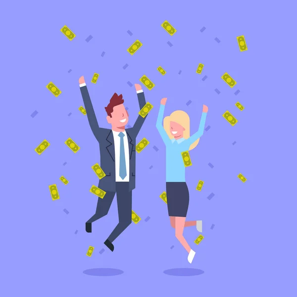 Успешный бизнес-мужчина и женщина прыгают бросая деньги богатый бизнесмен и предпринимательница концепции финансового успеха — стоковый вектор