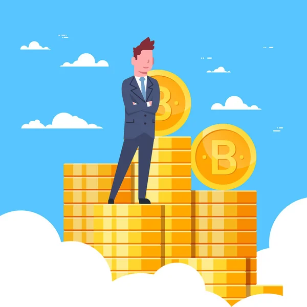 Successful Businessman Standing At Bitcoins Stack Crypto Currency Mining And Trading Technology Concept — Stock Vector