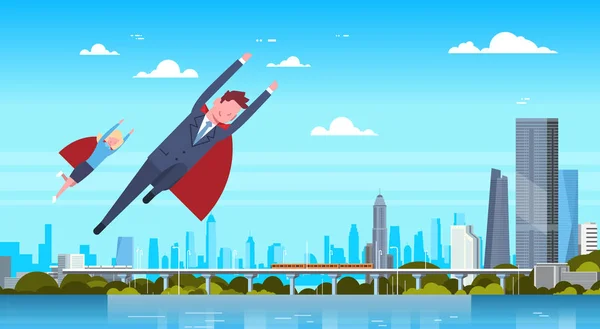 Homem de negócios e mulher vestindo cabo vermelho voando sobre a cidade moderna Empresário e empresária herói —  Vetores de Stock