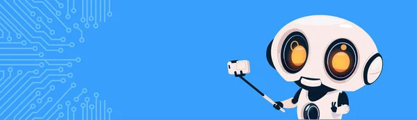 Selfie 棒でスマート フォン上の回路の背景コピー スペースにモダンなロボットするセルフ ポートレート写真 — ストックベクタ