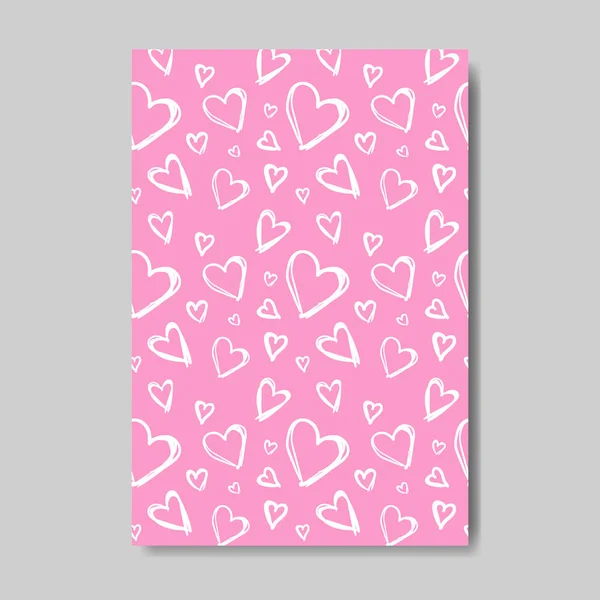 Niedliche Valentinstag-Grußkarte im Skizzenstil weiße Herzen auf rosa Hintergrund — Stockvektor