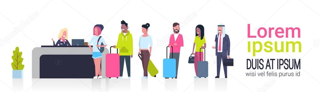 Group Of Mix Race Passengers Standing In Queue To Counter Check In Airport Template Banner With Copy Space, Departures Board Concept