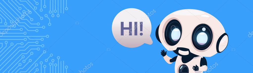 Robot Chatter Bot Say Hi Over Circuit Background With Copy Space