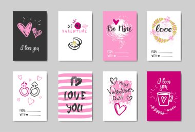 Mutlu Sevgililer günü kartları Set Doodle stil kroki aşk kartpostal hat yazı ile