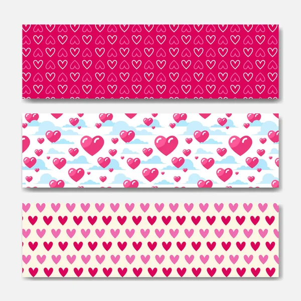 Corações cor-de-rosa Horizontal Banners Set decoração para dia dos namorados Holiday Poster ou Web Background Design — Vetor de Stock