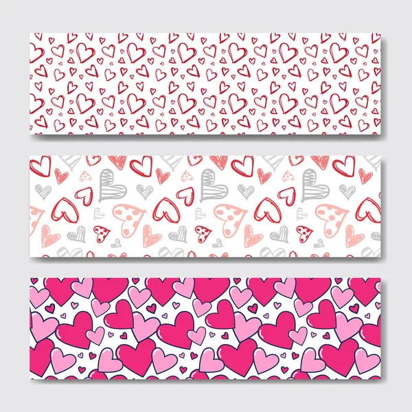 Valentines Day Horizontal Banner Set Décoration Arrière-plan avec Skecth Hearts — Image vectorielle