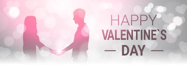 Boldog Valentin nap vízszintes Banner dekoráció Silhouette pár kéz a kézben Bokeh izzó háttér felett — Stock Vector