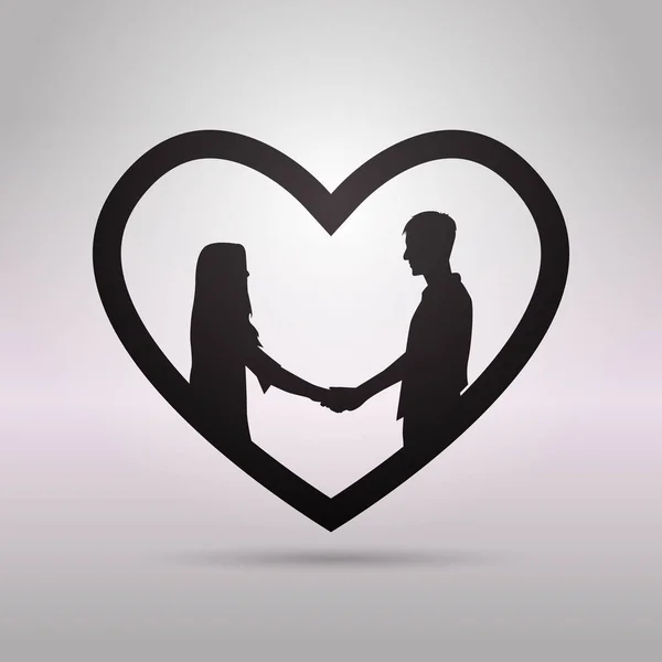 Preto silhueta casal segurando as mãos em forma de coração valentim dia conceito — Vetor de Stock